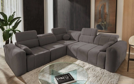 Rohová pohovka s funkcí spaní Cetara III šedohnědá levá ergonomická rohová pohovka s posuvným opěradlem a nastavitelnými opěrkami hlavy