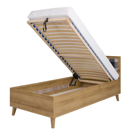 Postel Memone 90x200 cm dub zlatý Postel s úložným prostorem na lůžkoviny ideální do dětského pokoje ve skandinávském stylu Čalouněné čelo postele