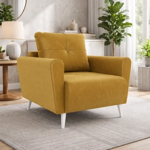 Křeslo Felicie hořčice elegantní křeslo do obývacího pokoje s prostorným a měkkým sedákem dřevěné nohy dodávají optickou lehkost