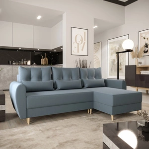 Rohová sedací souprava s funkcí spaní Rovigo šedomodrá pravá elegantní rohová sedací souprava ve skandinávském tvaru s velkým prostorem na lůžkoviny