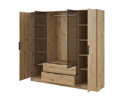 Šatní skříň Corse 206 cm dub artisan moderní designová šatní skříň se skleněnými předěly ideální do ložnic šatní skříň s tyčí na zavěšení oděvů