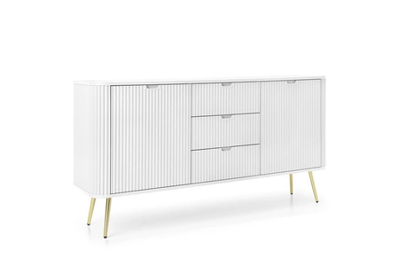 Komoda Zoya 168 cm zásuvková bílá elegantní design oválný tvar na kovových zlatých nohách vkusné rýhované čelo