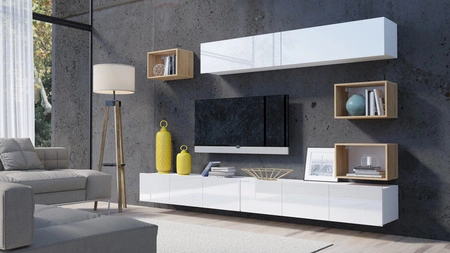 Nábytek Apulia XXXI bílý lesk / zlatý dub výjimečně stylová nástěnná skříňka jednoduché jednotky hodící se do každého interiéru