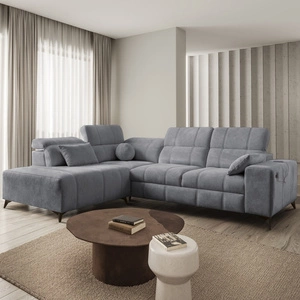 Rohová pohovka s funkcí spaní Penejos VII šedá levá rohová stylová pohovka s úložným prostorem na lůžkoviny pohodlné nastavitelné opěrky hlavy