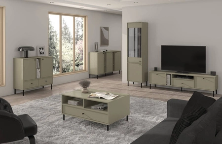 Konferenční stolek Kioto II z eukalyptu se zásuvkou elegantní design vyztužený kovovými nohami v černé barvě jemná rukojeť