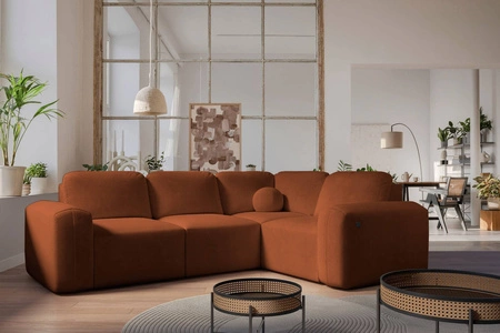 Rohová sedací souprava s funkcí spaní Arbon II cihlově červená pravý roh stylový design výrazný zaoblený tvar nádoba na lůžkoviny