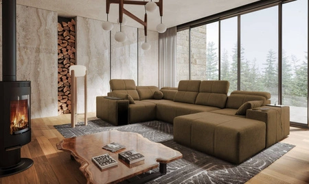 Rohová sedací souprava s funkcí spaní Tesalia IV hnědá pravá komfortní rohová sedací souprava do obývacího pokoje s inovativní funkcí posuvného opěradla