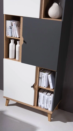 Knihovna s dvířky Memone 80 cm zlatý dub / bílá / grafit ideální knihovna do dětského nebo mládežnického pokoje ve skandinávském stylu