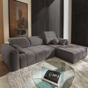 Rohová sedací souprava s funkcí spaní Cetara šedohnědá pravá strana stylový design pohodlné posuvné opěrky zad nastavitelné opěrky hlavy