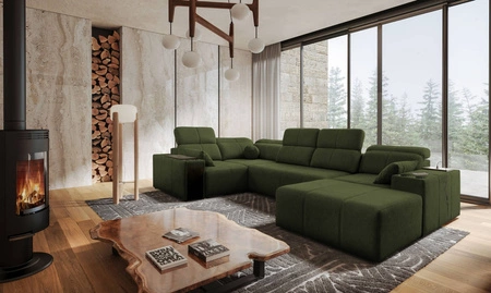 Rohová sedací souprava s funkcí spaní Tesalia IV zelená pravá komfortní rohová sedací souprava do obývacího pokoje s inovativní funkcí posuvného opěradla