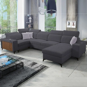 Rohová sedací souprava s funkcí spaní Kelly IV grafitová pravostranná proplétaná pohodlná rohová sedací souprava nastavitelné opěrky hlavy boční čalounění s lamelami