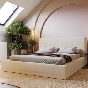 Čalouněná postel Belli 140x200 béžová stylová postel s úložným prostorem na lůžkoviny pohodlný podhlavník zaujme svým elegantním designem