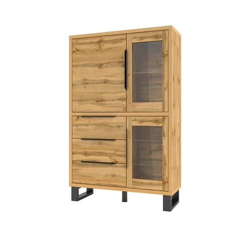 Vitrína Halle 120 cm dub wotan minimalistický design stylová vitrína s úchytem na hraně se zásuvkami na kovovém podstavci