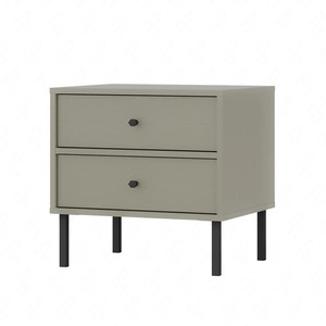 Noční stolek Kioto II z eukalyptu se zásuvkami ideální skříňka do ložnice na kovovém černém podstavci s jemnými úchyty