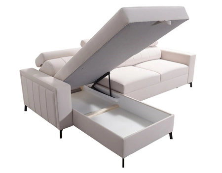 Rohová sedací souprava s funkcí spaní Savona modrá / bílá levá elegantní rohová sedací souprava s nastavitelnými opěrkami hlavy dekorativní prošívání