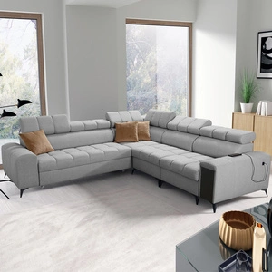 Rohová sedací souprava s funkcí spaní Bolmso III šedá pravostranná rohová sedací souprava s kontejnery na lůžkoviny se zásuvkou s plným výsuvem v boku nábytku