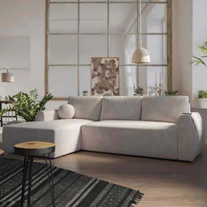 Rohová sedací souprava s funkcí spaní Colio béžová levá stylová rohová sedací souprava se zajímavým tvarem velurové tkaniny s dekorativním polštářem koule