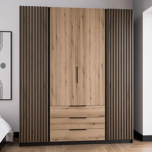 Šatní skříň Kastano IV 200 cm černá / dub evokuje moderní design dveře šatní skříně zdobené černými lamelami kovové hrany úchytky
