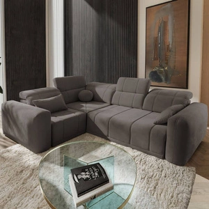 Rohová sedací souprava s funkcí spaní Cetara II šedohnědá levostranná stylový design posuvné opěrky zad nastavitelné podhlavníky a kontejner na lůžkoviny