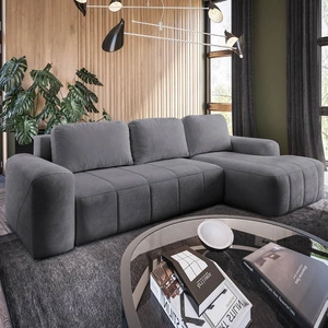 Rohová sedací souprava s funkcí spaní Bovec šedá pravostranná stylová rohová sedací souprava s ergonomickým tvarem hydrofobní látka