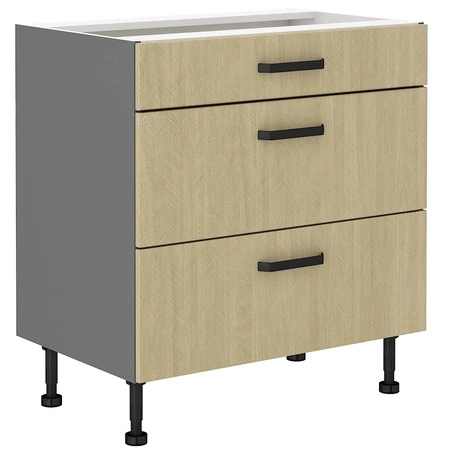 Rohová kuchyňská sestava nábytku Chevron 295x160 cm čela s dekorativním dekorem rybí kosti skříňky vypadají skvěle v klasických i moderních interiérech