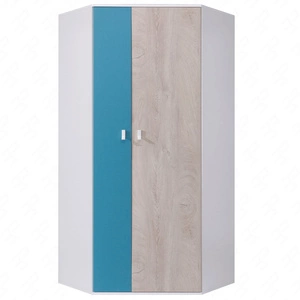 Rohová šatní skříň Niko bílá / dub / mořská ideální do pokoje pro mladé funkční a prostorná originální barvy