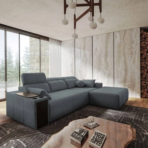 Rohová sedací souprava s funkcí spaní Tesalia šedá pravý roh moderní design pohodlné posuvné opěradlo zásuvka v boku nábytku