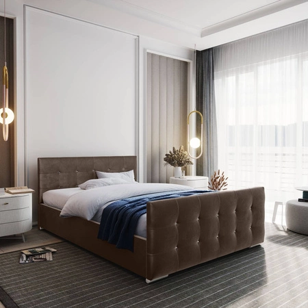 Čalouněná postel Alford 140x200 světle hnědá s úložným prostorem v moderním skandinávském stylu s prošívaným čelem a nohama s povrchovou úpravou krystaly