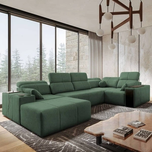 Rohová sedačka s funkcí spaní Tesalia IV mátově zelené levá pohodlná rohová sedačka do obývacího pokoje s inovativní funkcí posuvného opěradla