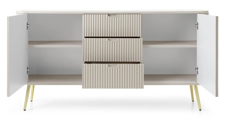 Komoda Zoya 168 cm béžová elegantní design oválný tvar na kovových zlatých nohách vkusné rýhované čelo