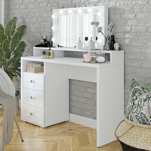 Toaletní stolek Diva bílý lesk s LED osvětlením kolem zrcadla stylové řešení usnadní organizaci kosmetiky a drobností