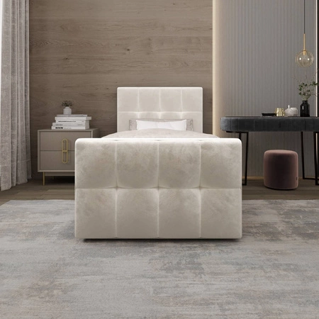 Manhattan 90x200 béžová kontinentální postel v moderním skandinávském stylu s čalouněným čelem a nohou postele s úložným boxem