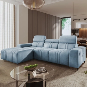 Rohová pohovka s funkcí spaní Castel modrá levá pohodlná a stylová rohová pohovka s kontejnerem na lůžkoviny