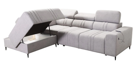 Rohová pohovka s funkcí spaní Castel VII světle hnědá levá stylová rohová pohovka s úložným prostorem na lůžkoviny a nastavitelnými opěrkami hlavy