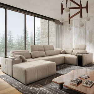 Rohová pohovka s funkcí spaní Tesalia IV béžová levá pohodlná rohová pohovka do obývacího pokoje s inovativní funkcí posuvného opěradla