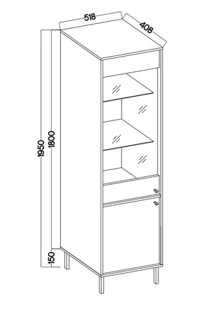 Vitrína Kioto II 52 cm eukalyptus stylový design bezpečná vitrína z tvrzeného skla na černých kovových nohách