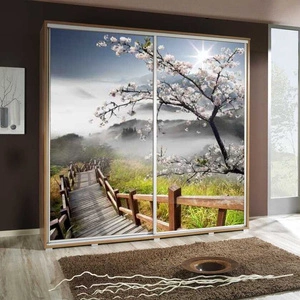 Artistino 205 cm posuvná šatní skříň s grafikou schodiště Korpus šatní skříně z dubu catania vyrobený z desky o tloušťce 22 mm