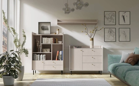 Komoda Ferdi 104 cm béžová písková Estetická komoda do obývacího pokoje na štíhlých kovových nožkách Vysoké hrany horní desky