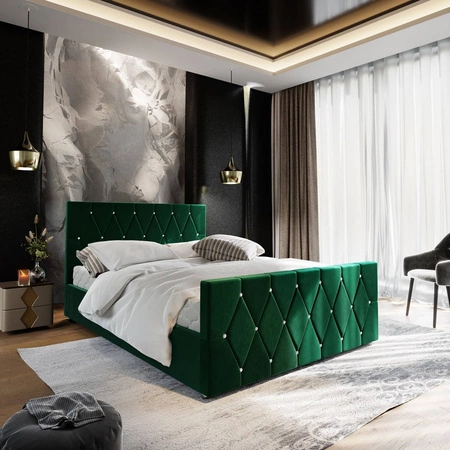 Čalouněná postel Tifton 180x200 180x200 lahvově zelená s úložným boxem v moderním stylu s výrazným čelem a nohama s krystaly