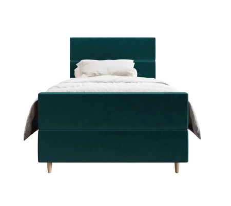 Kontinentální postel Benet 100x200 v tyrkysové barvě v moderním skandinávském stylu s čalouněným čelem a nohami postele s úložným boxem