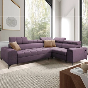 Rohová sedací souprava s funkcí spaní Bolmso II fialová pravá rohová sedací souprava s kontejnerem na ložní prádlo s plnovýsuvnou zásuvkou v boční části nábytku