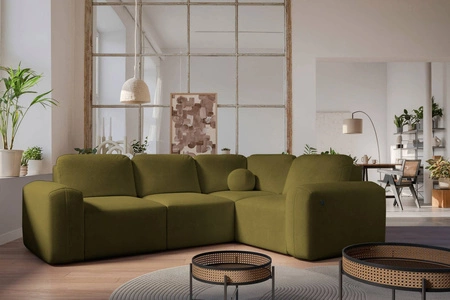 Rohová sedací souprava s funkcí spaní Arbon II olivová pravá stylový design výrazný zaoblený tvar nádoba na lůžkoviny