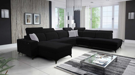 Kelly Sleek X černá levá rohová sedačka s funkcí spaní mimořádně elegantní rohová sedačka do obývacího pokoje s nastavitelnými opěrkami hlavy