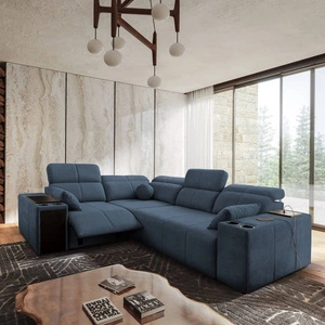 Rohová pohovka s funkcí spaní Tesalia II Lux modrá levá pohodlná rohová pohovka s posuvným opěradlem a výsuvnou podnožkou
