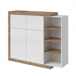 Vysoká komoda Sintra 151 cm dub samdal / bílý lesk originální designová komoda do obývacího pokoje se zajímavým tvarem a systémem push to open