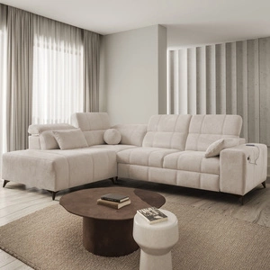 Rohová pohovka s funkcí spaní Penejos VII béžová levá stylová rohová pohovka s úložným prostorem na lůžkoviny pohodlné polohovatelné opěrky hlavy