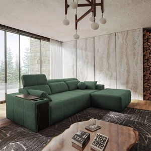 Rohová sedací souprava s funkcí spaní Tesalia mátově zelené pravý roh moderní design pohodlný posuvný opěrák zásuvka v boku nábytku