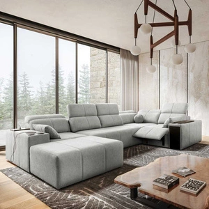 Rohová sedací souprava s funkcí spaní Tesalia IV Lux šedá jasan levá rohová sedací souprava s výsuvnou opěrkou nohou a posuvnou funkcí opěradla