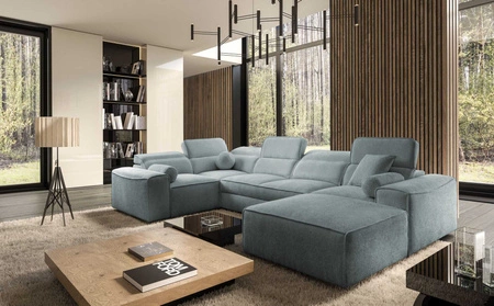 Rohová sedací souprava s funkcí spaní Viano IV šedomodrá pravostranná designová rohová sedací souprava, která se dokonale hodí do moderních interiérů