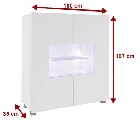Komoda Apulia 100 cm se skleněným čelem bílý lesk minimalistický design stylová komoda do obývacího pokoje jednoduchý tvar hodící se do každého interiéru